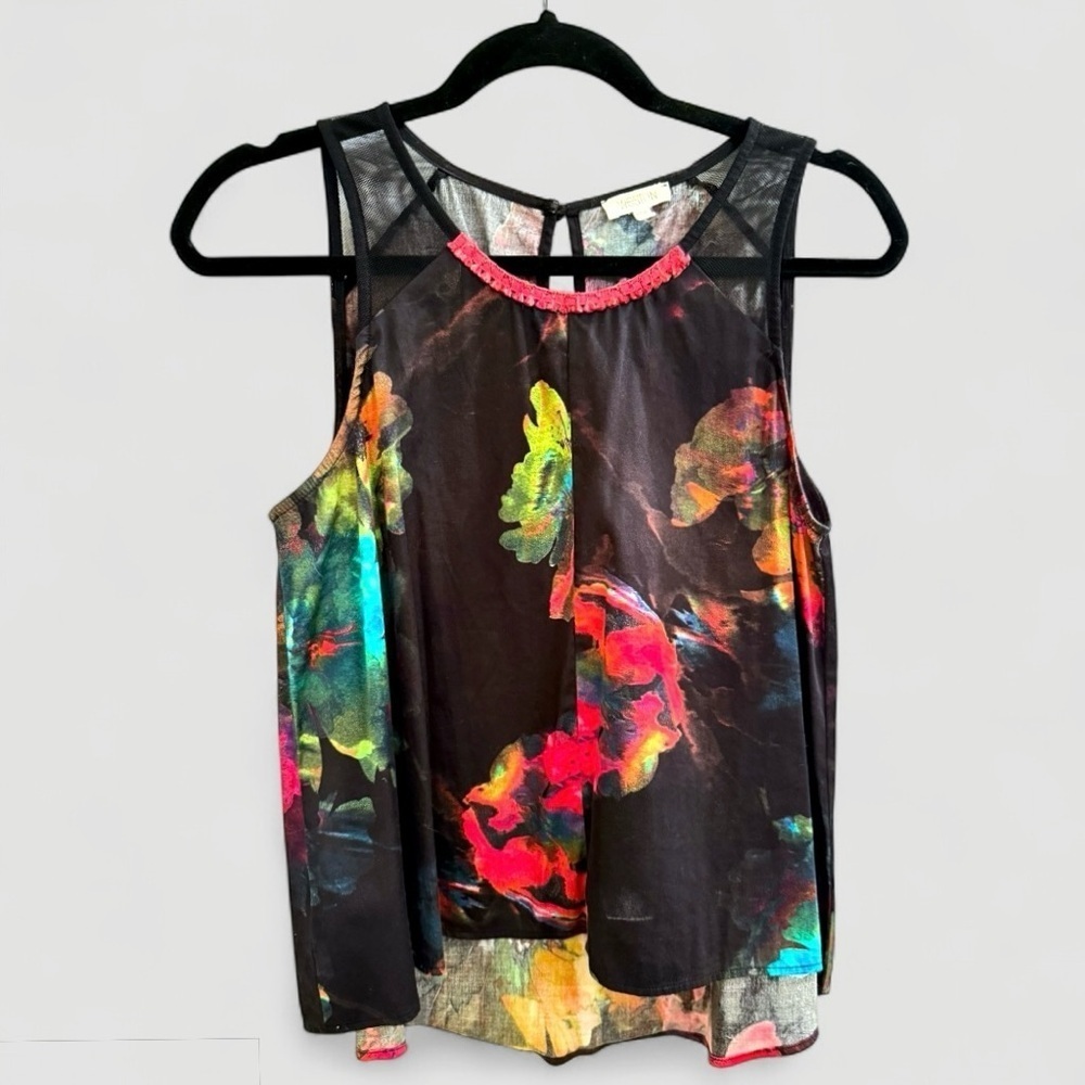 Weston Vibrant Sheer Floral Sleeveless Tank Top with Keyhole Back - Size Small